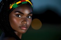 Young African woman with traditional colorful headband and natural makeup looking confidently at camera against dark background with warm bokeh lights.