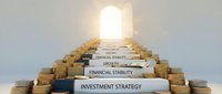 Golden coins stacked in pyramid formation with business books about financial strategy, investment, and growth leading to bright glowing light at summit.