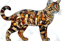 Mosaic cat in brown and orange tones with detailed geometric pattern design on white background, isolated artwork for decorative projects and creative designs.