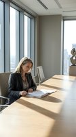 Professional businesswoman reviewing documents in modern conference room with city skyline view through floor-to-ceiling windows.
