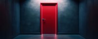 Mysterious red door glowing in dark corridor with dramatic lighting and moody atmosphere creates suspenseful scene against blue-tinted concrete walls.