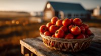 Fresh ripe red tomatoes in wicker basket on rustic wooden table at sunset farm setting for organic harvest cooking and healthy eating concepts.