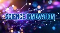 Molecular structure with glowing connections and science innovation text on colorful bokeh background for technology research presentations.