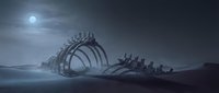 Skeletal remains of a massive sea creature washed ashore under moonlight, creating an eerie, haunting coastal landscape suitable for fantasy, horror, and sci-fi design projects.
