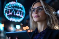 Young blonde businesswoman in glasses looking up at glowing neon sign, holding digital tablet at night. Bokeh city lights create atmospheric urban backdrop.