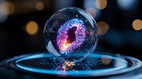 Magical glowing bubble with vibrant purple and blue light formation floating above rippling water surface against dark background with bokeh lights.