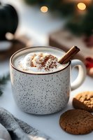 Cozy speckled mug filled with hot chocolate, topped with whipped cream, cocoa powder, and cinnamon stick, accompanied by chocolate cookies on white surface.