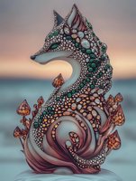Mystical seahorse adorned with intricate dots and swirls in emerald and copper tones, surrounded by glowing mushrooms against dreamy ocean backdrop.