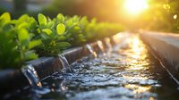 Drip irrigation system with water flowing through pipes at sunset, green plants growing alongside. Agricultural watering technology in garden with sunlight reflection.