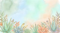 Soft watercolor background with succulents and wildflowers in pastel green, peach, and mint tones, perfect for cards and invitations.