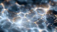 Glowing neural network connections with orange and blue light effects create dynamic pattern of interconnected nodes, showing artificial intelligence concept.