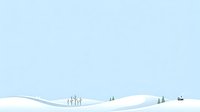 Minimalist winter landscape with rolling snow hills, evergreen trees, and distant figures, suitable for seasonal backgrounds and holiday designs.
