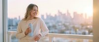 Young blonde woman enjoying morning coffee on modern apartment balcony with city skyline view at sunrise, relaxed lifestyle and urban living concept.