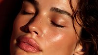 Close-up portrait of young woman with glowing skin and closed eyes in warm sunlight, showcasing natural beauty and radiant complexion.