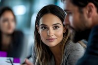 Young Hispanic businesswoman smiling during office meeting with colleagues, professional corporate environment with soft bokeh background, workplace diversity.