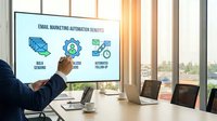 Professional businessman presenting email marketing automation strategy on large screen in modern conference room with laptops and city view.
