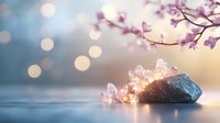 Glowing crystal clusters on raw stone against blurred bokeh background with delicate cherry blossom branch, creating magical healing atmosphere.