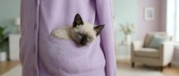 Siamese kitten peeking from purple sweater pocket, young feline with dark points and blue eyes in cozy home setting.