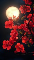 Red blossoms against full moon backdrop create dramatic night scene with vibrant flowers illuminated by moonlight, dark background adds depth and mystery.