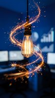 Glowing vintage filament bulb with dynamic golden light trails swirling around it against deep blue background with blurred office charts, symbolizing innovation, creativity, and business ideas.