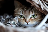 Mother cat with bright green eyes and her small kitten with blue eyes peeking through cozy hiding spot, creating tender family moment against blurred background.