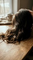 Woman with long wavy brown hair resting head on wooden table next to coffee mug by window in cozy morning light for relaxation and self-care concepts.