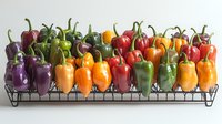 Colorful bell peppers arranged in rainbow gradient order on metal cooling rack, fresh organic vegetables showing variety of natural pepper colors and sizes.