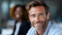 Confident mature Caucasian businessman with gray beard and styled hair smiling at camera in modern office environment, wearing light blue shirt. Professional portrait.