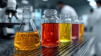 Laboratory glassware with colorful chemical solutions in modern research facility for scientific experiments and analysis.