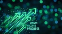 Digital growth arrows with glowing green circuit patterns and bokeh lights representing business success, progress, and upward trends in technology sector.