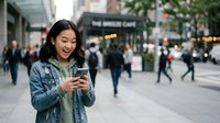 Young Asian woman in denim jacket smiling while using smartphone on busy urban street with blurred pedestrians and storefronts in background.