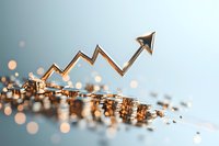 Golden arrow graph rising from stack of coins showing financial growth and investment success against blurred bokeh background on blue surface.