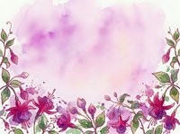 Watercolor floral frame with fuchsia flowers and green leaves on soft pink background, perfect for greeting cards and invitations.