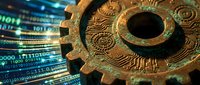 Ancient bronze gear mechanism with intricate engravings merging with digital binary code streams, representing fusion of traditional craftsmanship and modern technology.