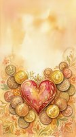 Watercolor heart with ornate golden coins and floral elements on textured paper background for romantic greeting cards and wedding invitations.