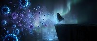 Silhouette of a caped figure standing on a cliff edge facing glowing virus cells under a dramatic aurora-lit night sky.