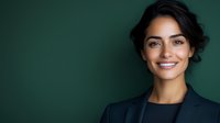 Young Hispanic businesswoman with bright smile wearing navy blazer against dark green background, professional corporate headshot portrait.