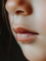 Close-up macro shot of natural glossy lips and nose on light skin with soft focus. Artistic beauty photography showing facial features and texture detail.