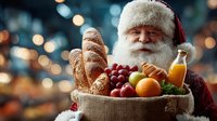 Cheerful senior man in winter hat holding basket with fresh bread, fruits, and juice against festive bokeh background.