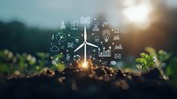 Wind turbine miniature on soil with glowing business icons floating around, representing sustainable energy and green technology solutions in natural environment.