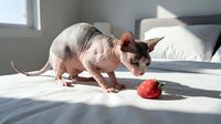 Hairless sphynx cat playing with red toy ball on white bed in sunny bedroom interior. Pet care and indoor feline entertainment concept.