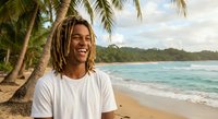 Young African American man with dreadlocks smiling on tropical beach with palm trees and turquoise water, vacation lifestyle portrait for travel content.