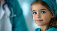 Young girl with bright blue eyes wearing turquoise medical cap in hospital setting, soft focus portrait with gentle smile and braided hair against blurred background.