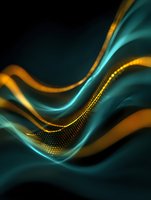 Abstract flowing waves of turquoise and gold particles against dark background, creating elegant motion effect for luxury branding or tech presentations.