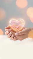 Hands holding glowing neon heart shape with soft bokeh lights in background, symbolizing love, care, hope and compassion for charity, wellness and emotional support concepts.