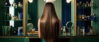 Woman with extremely long straight brown hair viewed from behind in luxury salon with green walls and golden mirrors surrounded by professional products.