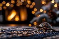 Small turtle walking on pebbles at sunset with golden bokeh lights creating magical atmosphere, shallow depth of field nature photography.