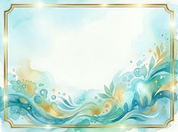 Watercolor waves and splashes in turquoise and gold tones with decorative gold frame border on white background. Isolated design element suitable for invitations, cards, and web graphics.