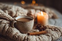 Cozy winter scene with hot coffee in ceramic mug, cinnamon stick, burning candle and knitted sweater creating warm atmosphere for cold evenings.