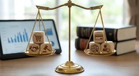 Wooden balance scale with shopping cart and dollar symbols on office desk representing business decision making and financial comparison concepts.